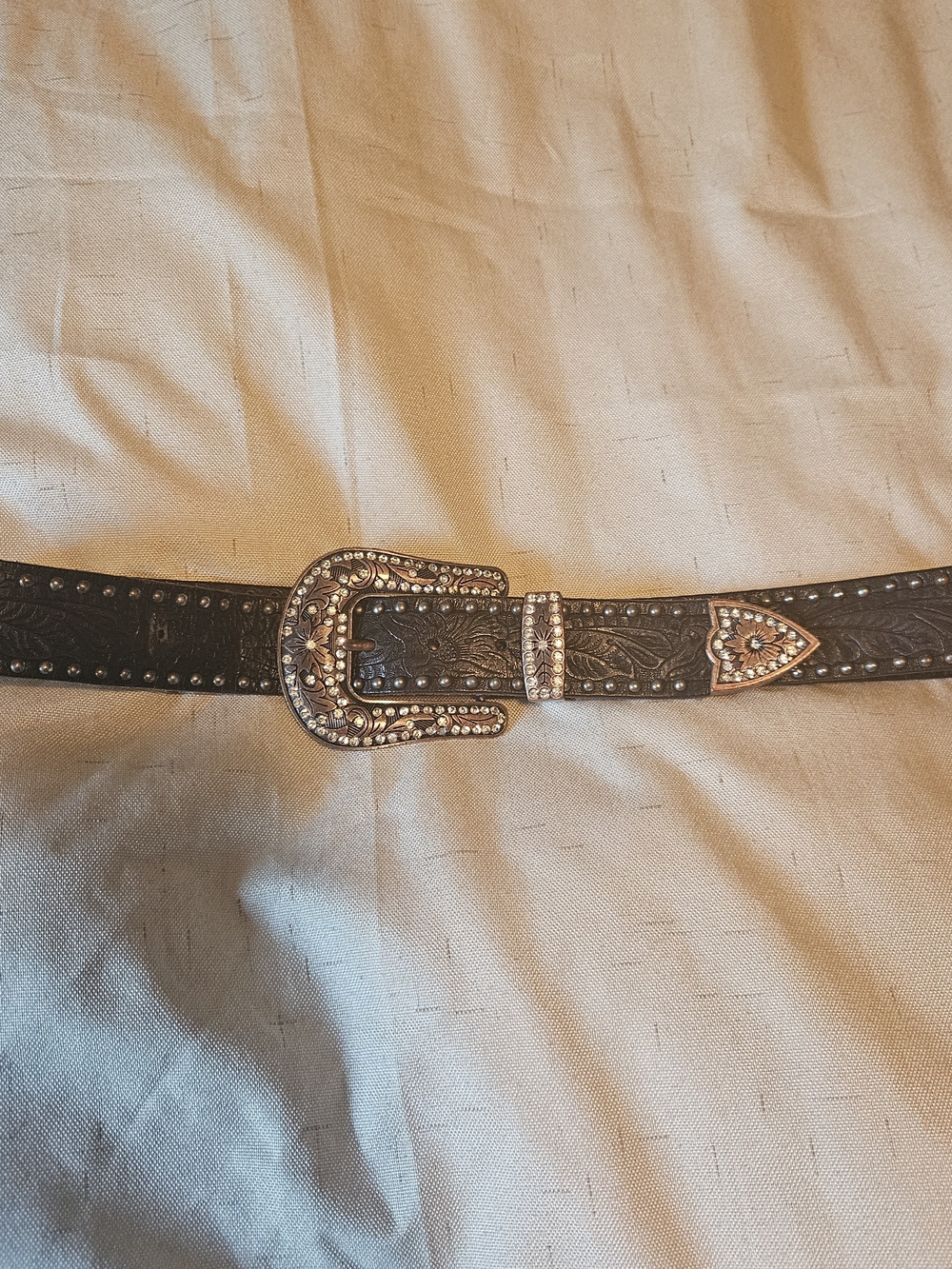 Brown Leather Western Belt with Rhinestone-Studded Buckle